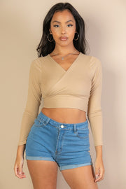 Solid Ribbed Wrap Front Long Sleeve Top For Women