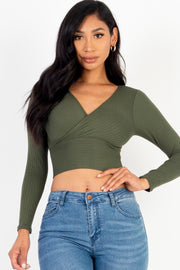 Solid Ribbed Wrap Front Long Sleeve Top For Women