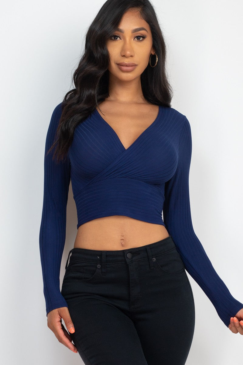 Solid Ribbed Wrap Front Long Sleeve Top For Women