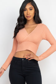 Solid Ribbed Wrap Front Long Sleeve Top For Women