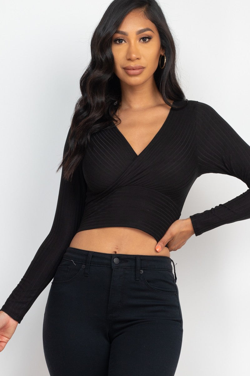 Solid Ribbed Wrap Front Long Sleeve Top For Women