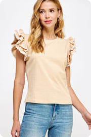 Pom-pom Trim Ruffled Tee Top