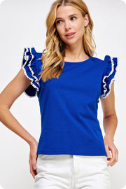 Pom-pom Trim Ruffled Tee Top