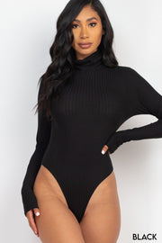 Solid Ribbed Turtle Neck Long Sleeve Bodysuit