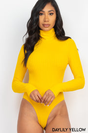 Solid Ribbed Turtle Neck Long Sleeve Bodysuit