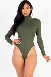 Solid Ribbed Turtle Neck Long Sleeve Bodysuit