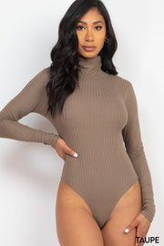 Solid Ribbed Turtle Neck Long Sleeve Bodysuit