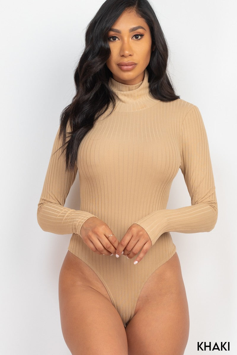 Solid Ribbed Turtle Neck Long Sleeve Bodysuit