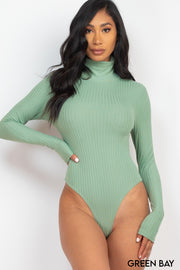 Solid Ribbed Turtle Neck Long Sleeve Bodysuit