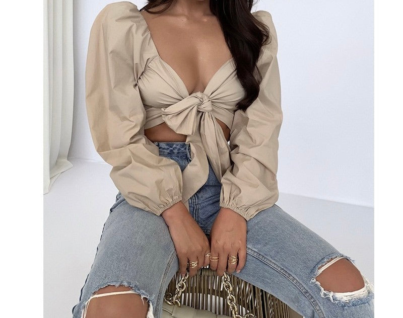 Sexy Puff Sleeve Lace Up V Neck Blouse