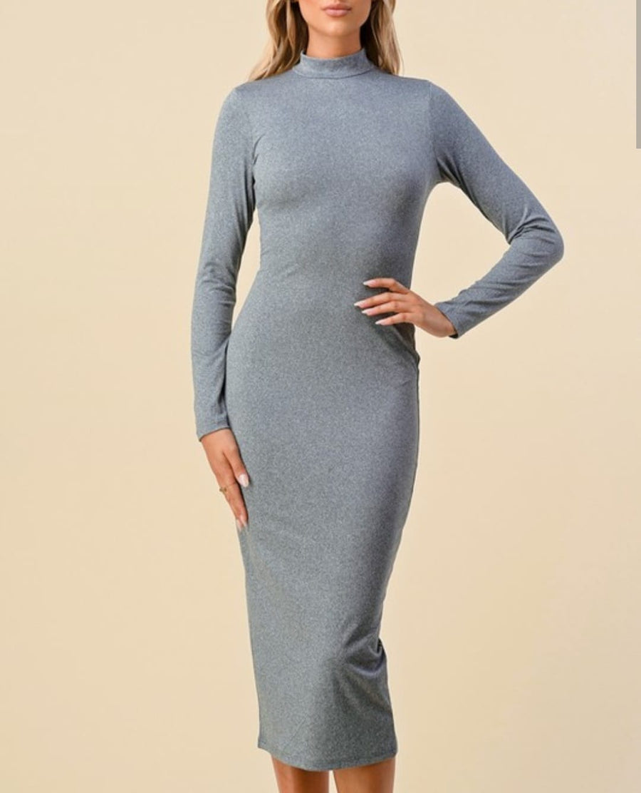 Stormy Skies Mock Neck Long Sleeve Back Slit Midi Dress