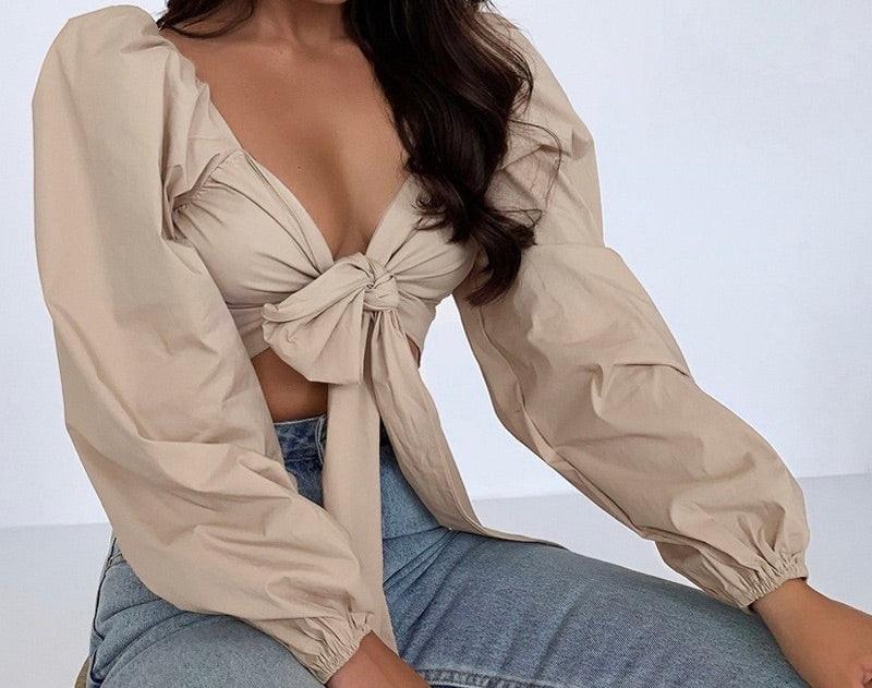 Sexy Puff Sleeve Lace Up V Neck Blouse