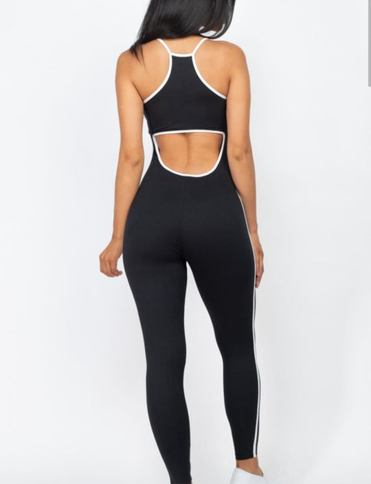 Active Woman Camisole Piping Trim Cut Out Back Jumpsuit