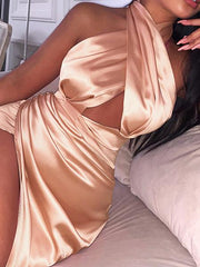 Satin Queen Ruched High Slit Backless Halter Dresses