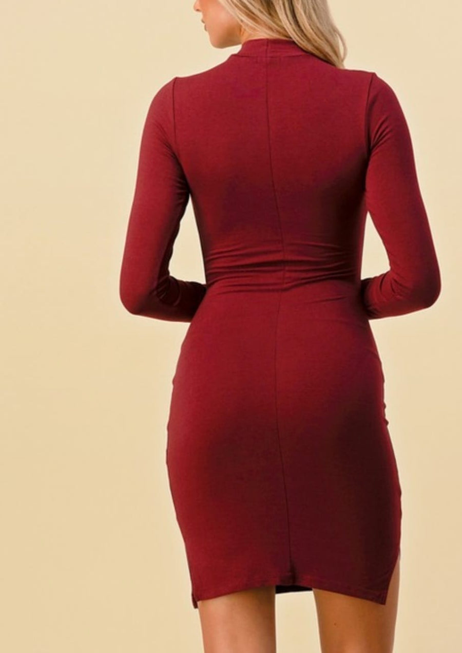 Miss Merlot Mock Neck Open Slit Long Sleeve Midi Dress