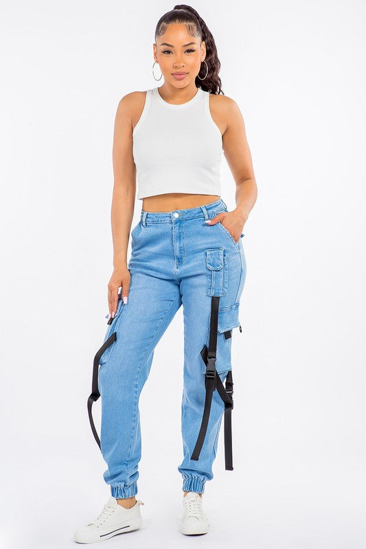 High Waist Cargo Style. Denim Joggers