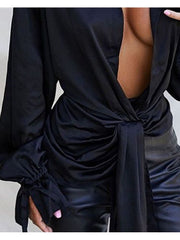 Sexy Tie Wrap Black Puff Sleeve Blouse