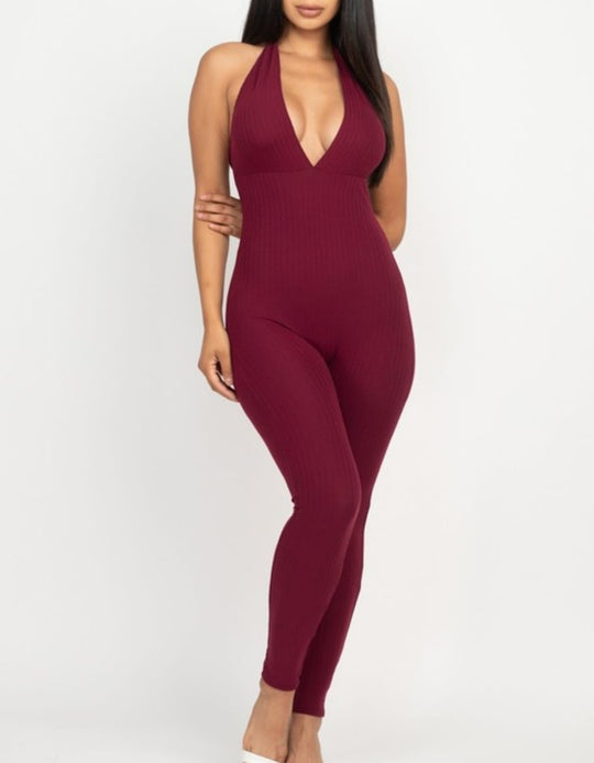 Sleek Halter V Neck Ribbed Body Con Jumpsuit