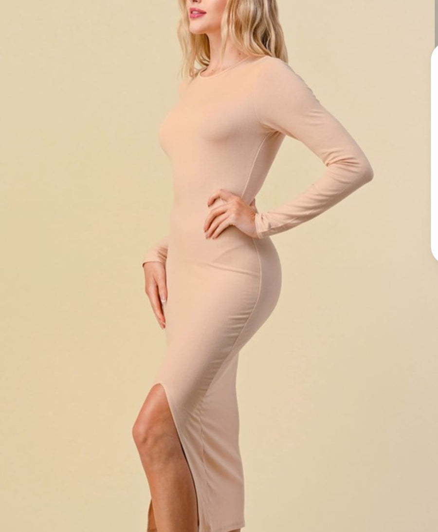 Neutral Grounds Long Sleeve Midi Front Slit Dress