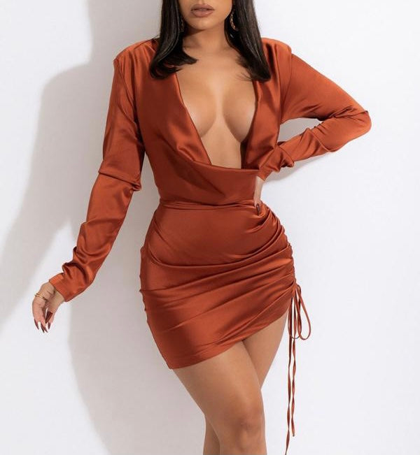 Sexy Casual Solid Coloured Long Sleeve Low Cut Ruched Dresses