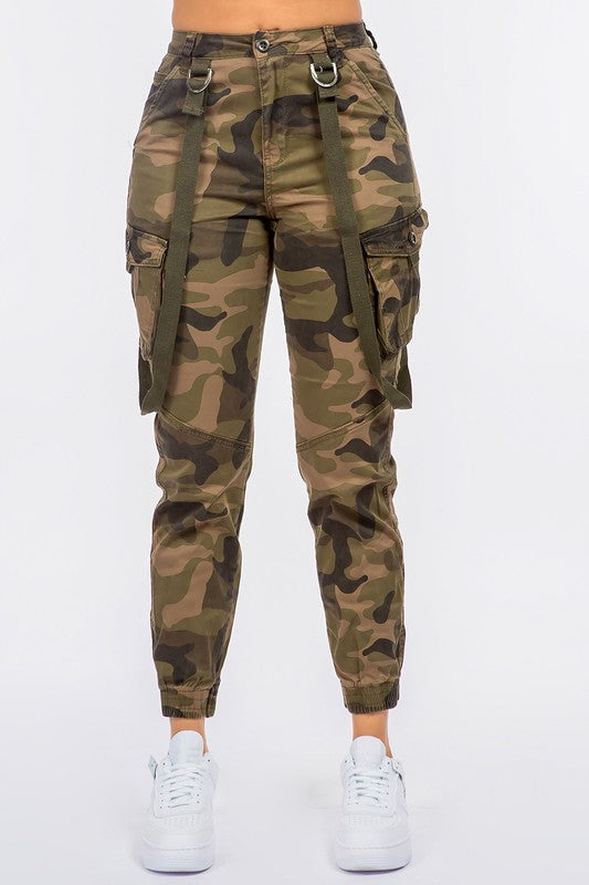 High Waist Cargo Joggers With Suspenders