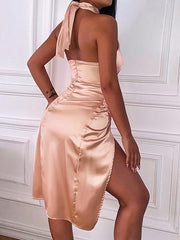 Satin Queen Ruched High Slit Backless Halter Dresses