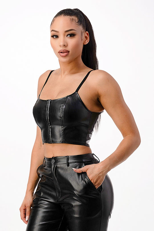FAUX LEATHER CORSET CROP TOPS