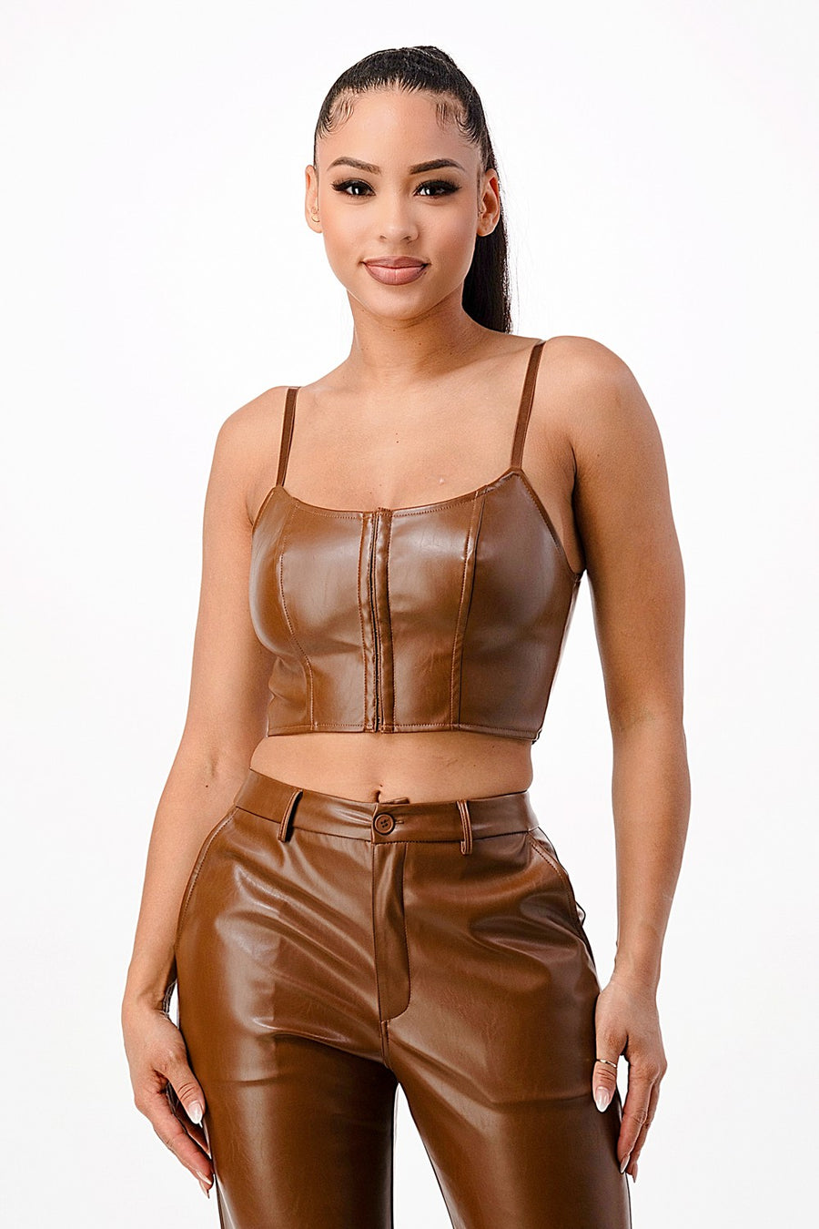 FAUX LEATHER CORSET CROP TOPS