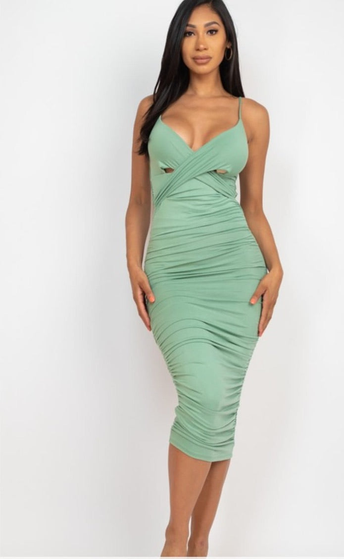 Cross Wrap Ruched Midi Valentines Dresses