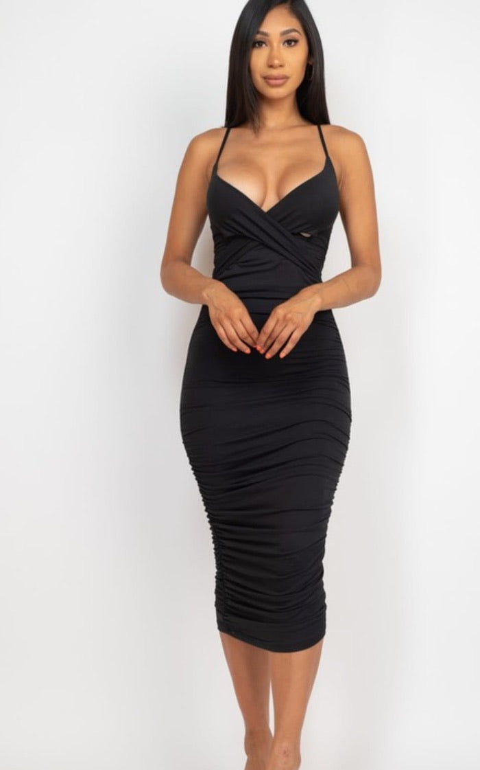 Cross Wrap Ruched Midi Valentines Dresses