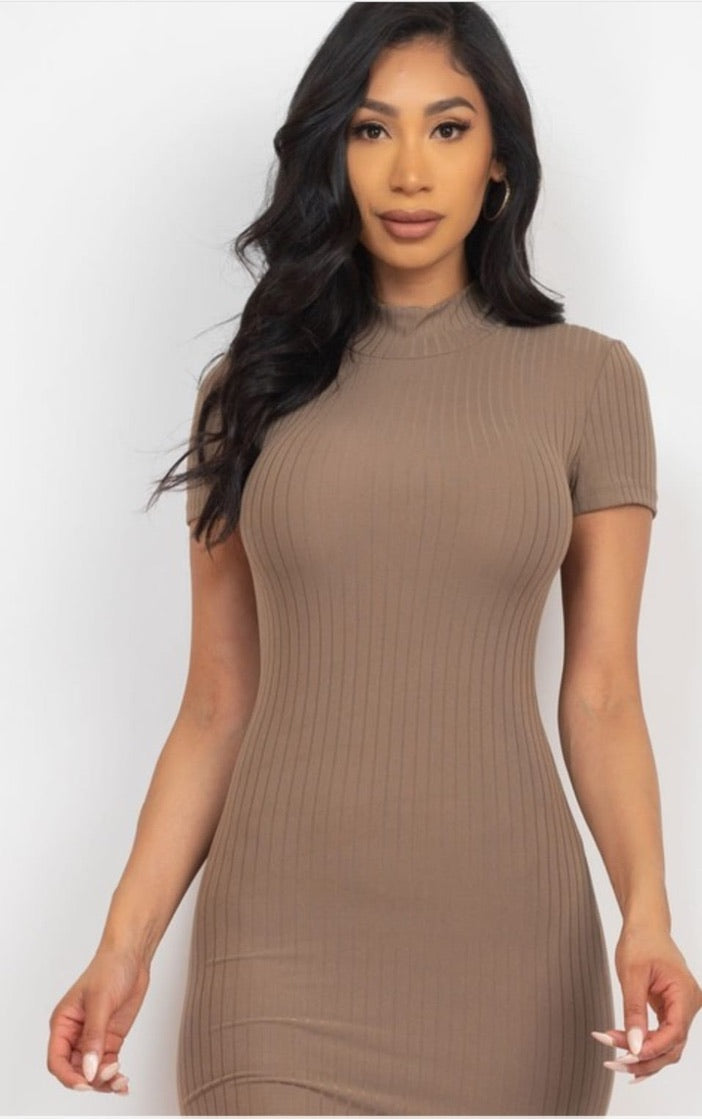 Casual Ribbed Mock Neck Short Sleeve Bodycon Dresses