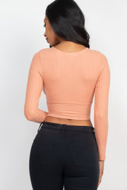 Solid Ribbed Wrap Front Long Sleeve Tops