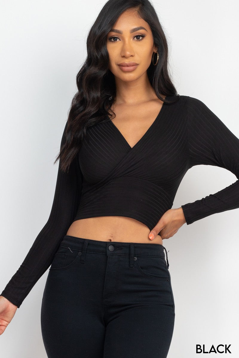 Solid Ribbed Wrap Front Long Sleeve Tops