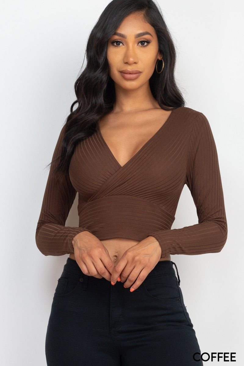 Solid Ribbed Wrap Front Long Sleeve Tops