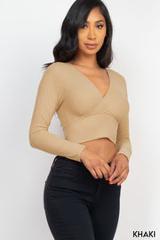 Solid Ribbed Wrap Front Long Sleeve Tops