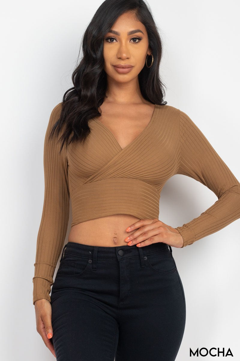 Solid Ribbed Wrap Front Long Sleeve Tops