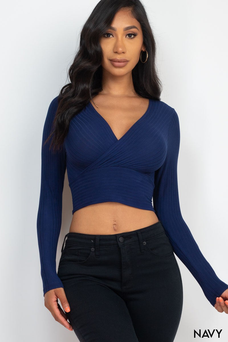 Solid Ribbed Wrap Front Long Sleeve Tops