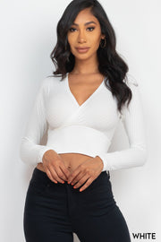 Solid Ribbed Wrap Front Long Sleeve Tops