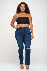 Knee Slit High Rise Straight Cut Jeans