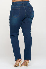 Knee Slit High Rise Straight Cut Jeans