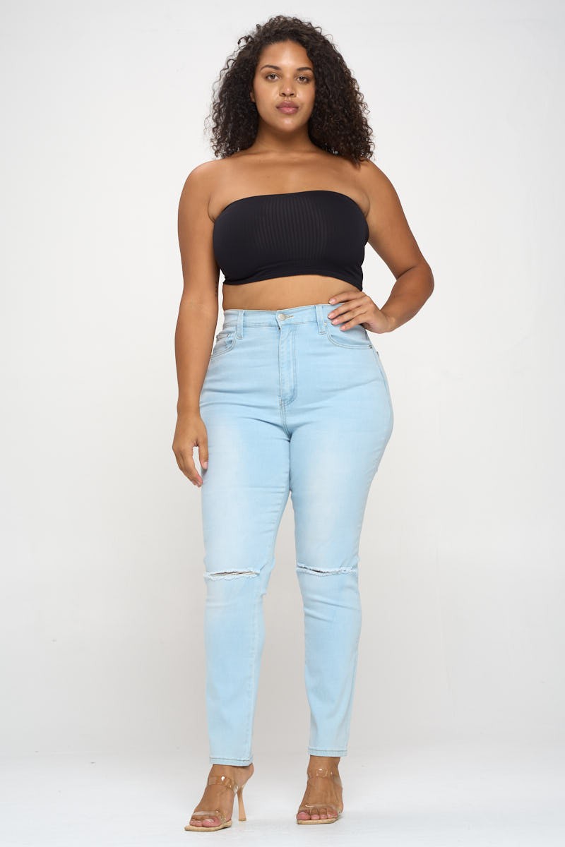 Knee Slit High Rise Straight Cut Jeans