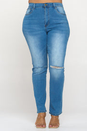 Knee Slit High Rise Straight Cut Jeans