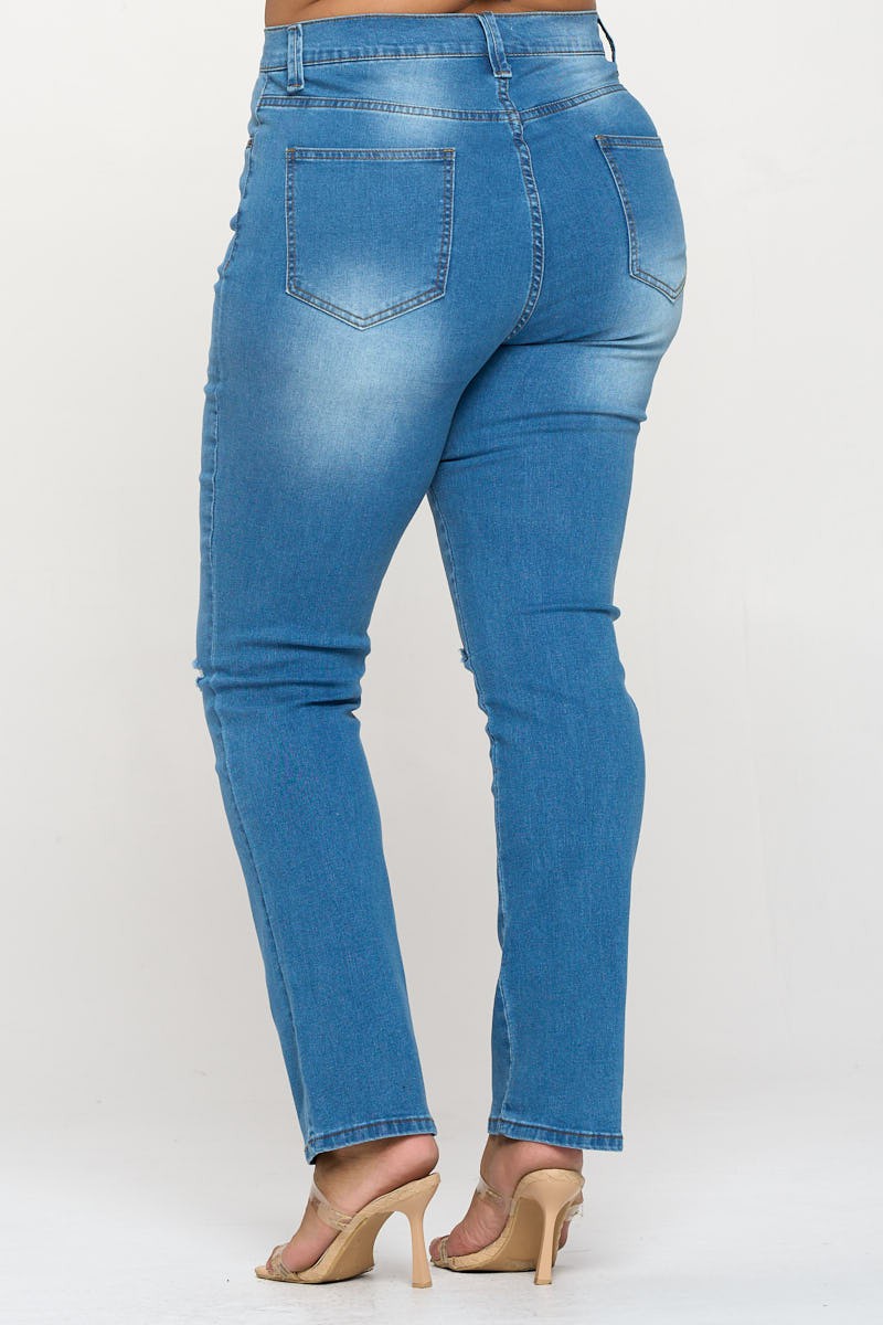 Knee Slit High Rise Straight Cut Jeans