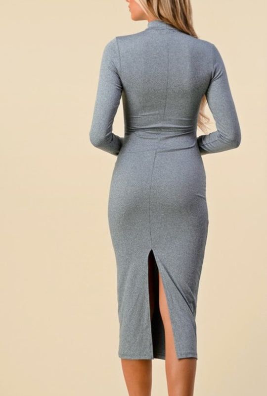 Stormy Skies Mock Neck Long Sleeve Back Slit Midi Dress