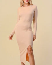 Neutral Grounds Long Sleeve Midi Front Slit Dress