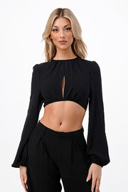 FRONT SLIT LONG SLEEVE TIE BACK CROP TOP