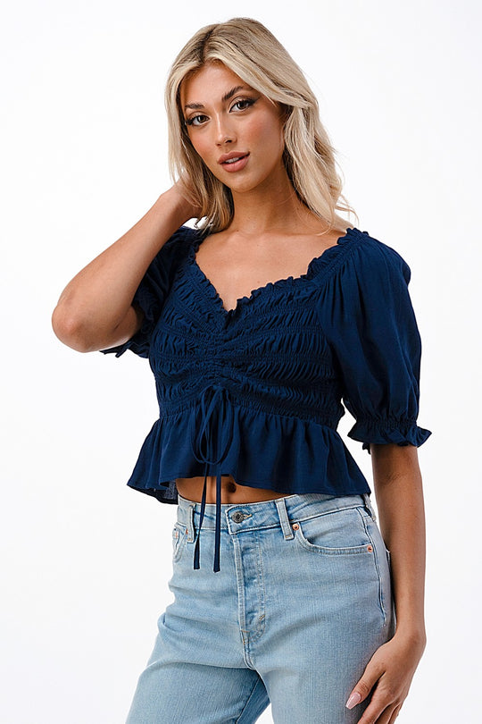 RUCHED CROP TOP WITH PUFF SLEEVE