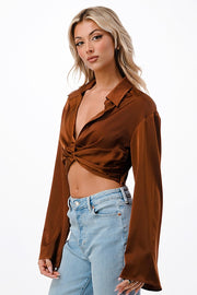 SATIN TWISTED FRONT CROPPED SHIRT