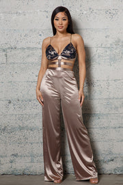 STRETCHY SATIN JUMPSUIT WITH LACE DETAILED BRA