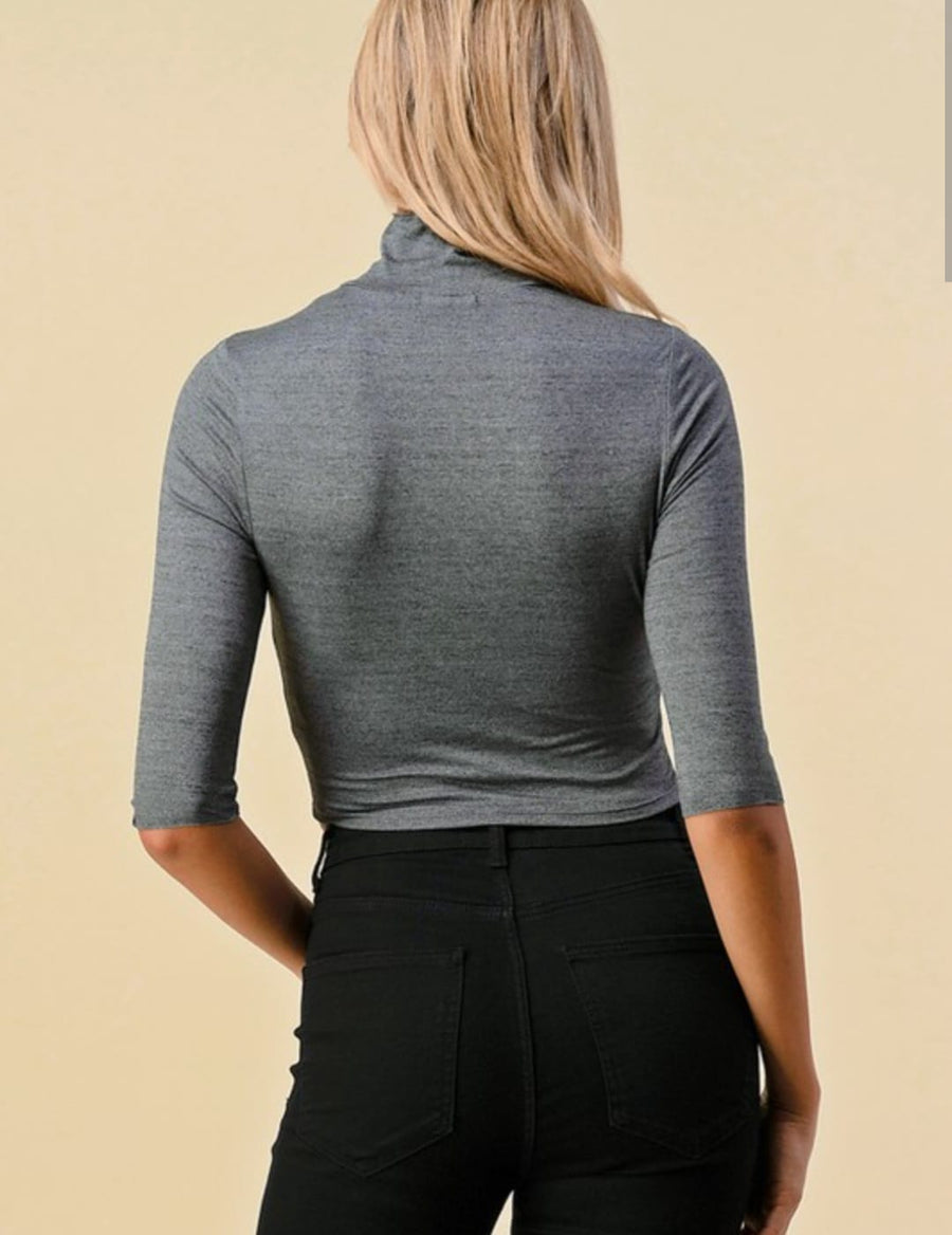 Life Grey Mock Neck Cutout Edge Elbow Top